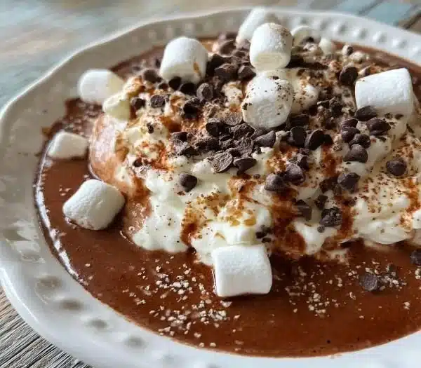 Creamy crockpot hot chocolate topped with whipped cream and chocolate shavings