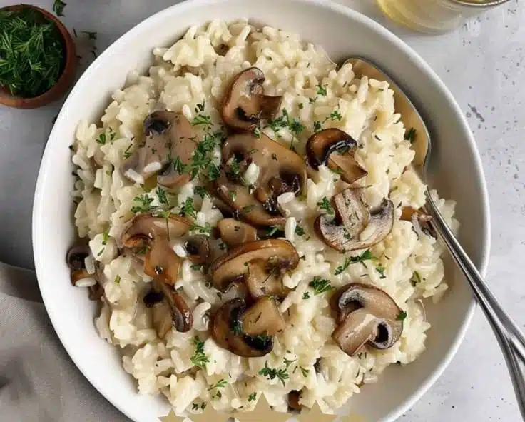 Creamy fennel pollen mushroom risotto served in a bowl