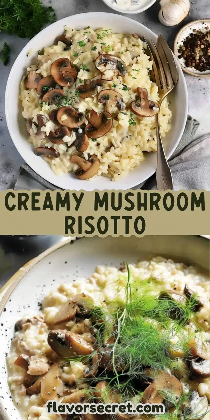 Creamy fennel pollen mushroom risotto topped with fresh herbs and mushrooms.