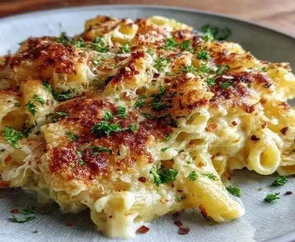 Creamy Garlic Parmesan Pasta Bake 2 Baked creamy garlic parmesan pasta topped with cheese and herbs