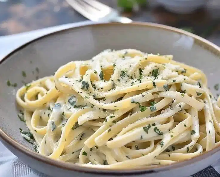 Creamy garlic yogurt pasta served in a bowl garnished with herbs.