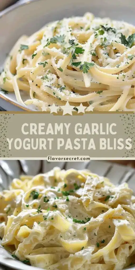 Creamy garlic yogurt pasta dish with herbs and spices served in a bowl