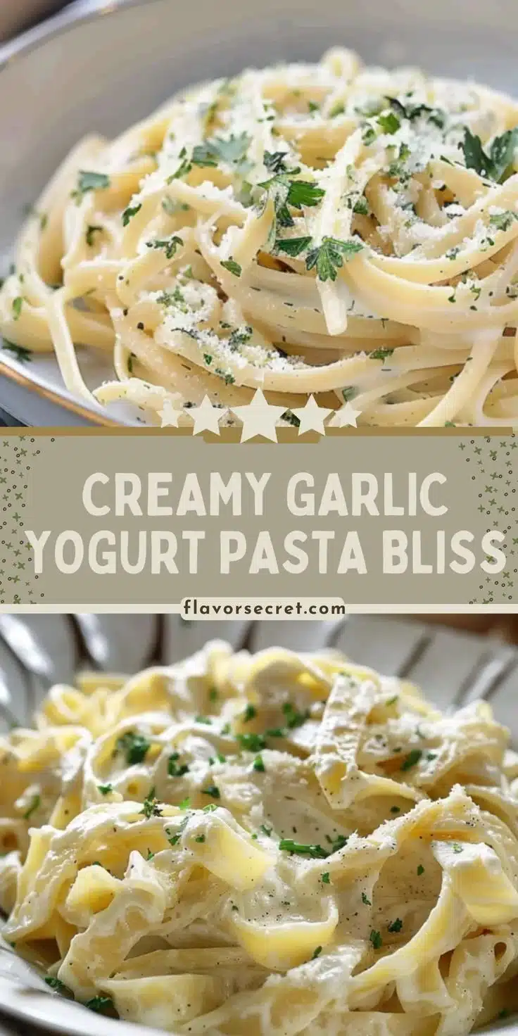 Creamy garlic yogurt pasta dish with herbs and spices served in a bowl