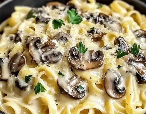 Creamy mushroom Gruyere pasta served in a bowl, garnished with herbs.