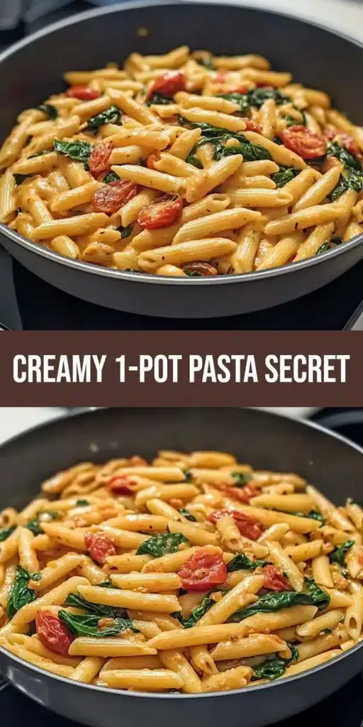 Creamy one-pot spinach tomato pasta dish garnished with fresh basil