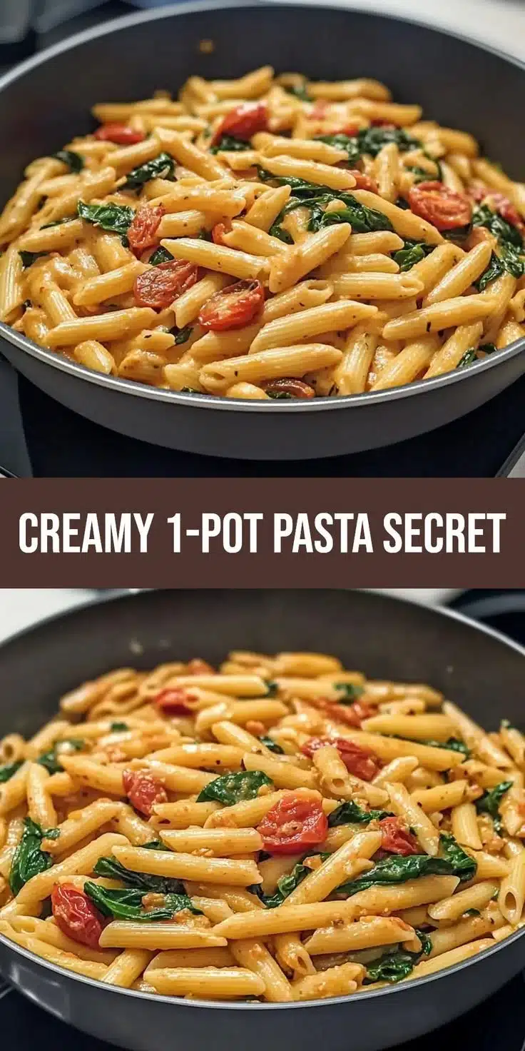 Creamy one-pot spinach tomato pasta dish garnished with fresh basil