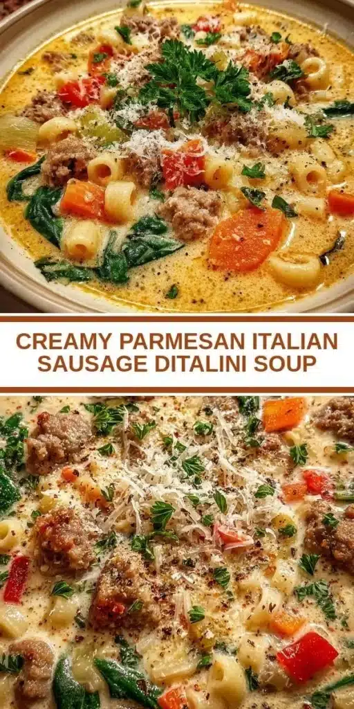 Bowl of creamy Parmesan sausage soup with ditalini pasta and fresh herbs