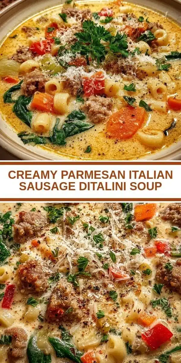 Creamy Parmesan Italian Sausage Ditalini Soup 2 Bowl of creamy Parmesan sausage soup with ditalini pasta and fresh herbs