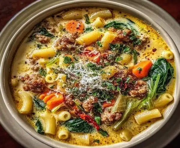 Bowl of creamy Parmesan Italian sausage ditalini soup with fresh herbs