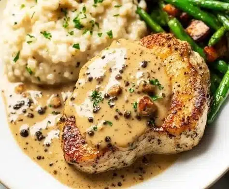 Creamy peppercorn sauce served on succulent pork chops
