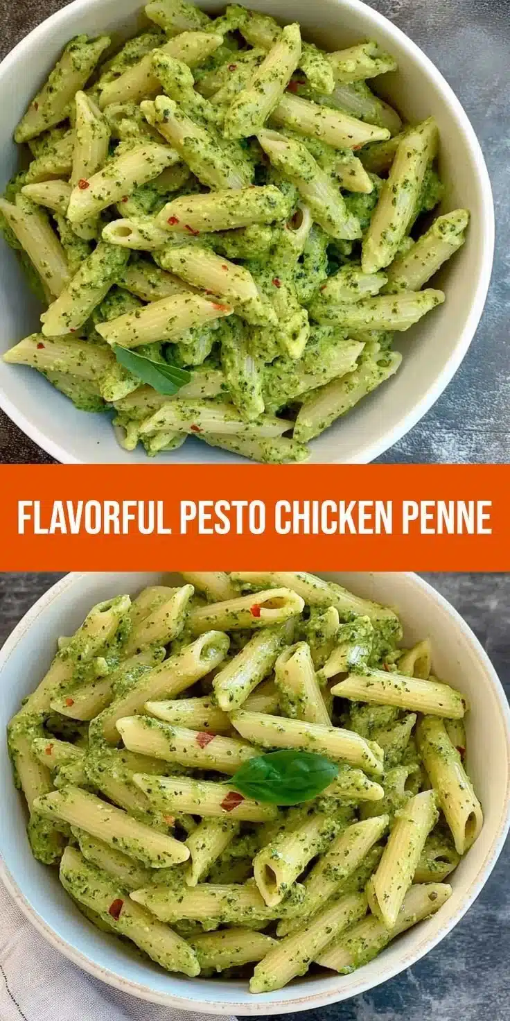 Creamy pesto chicken penne topped with fresh basil and parmesan cheese