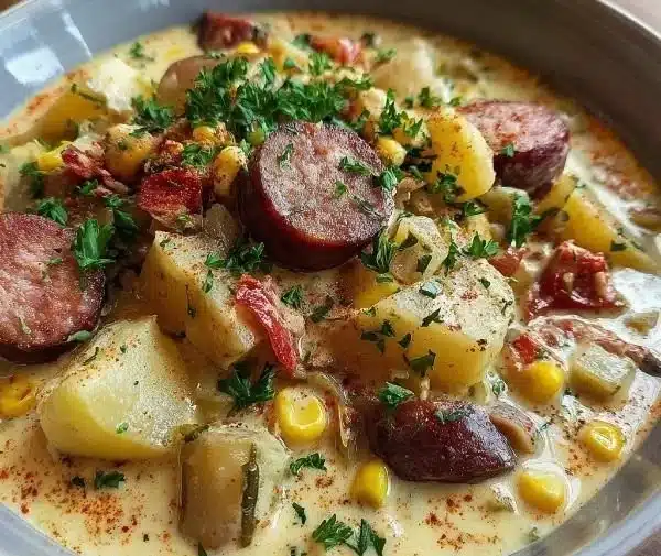 Bowl of creamy potato sausage chowder topped with herbs