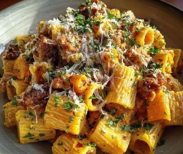 Creamy rigatoni with butternut squash and spicy sausage in a creamy sauce