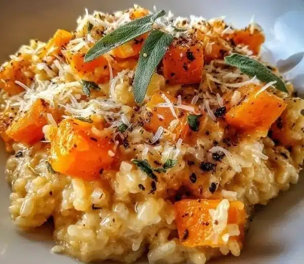 Creamy roasted butternut squash risotto garnished with herbs and Parmesan cheese