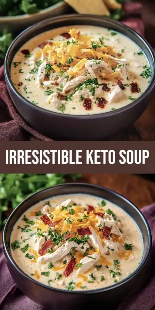 Bowl of creamy slow cooker Keto Chicken Soup with cream cheese and herbs