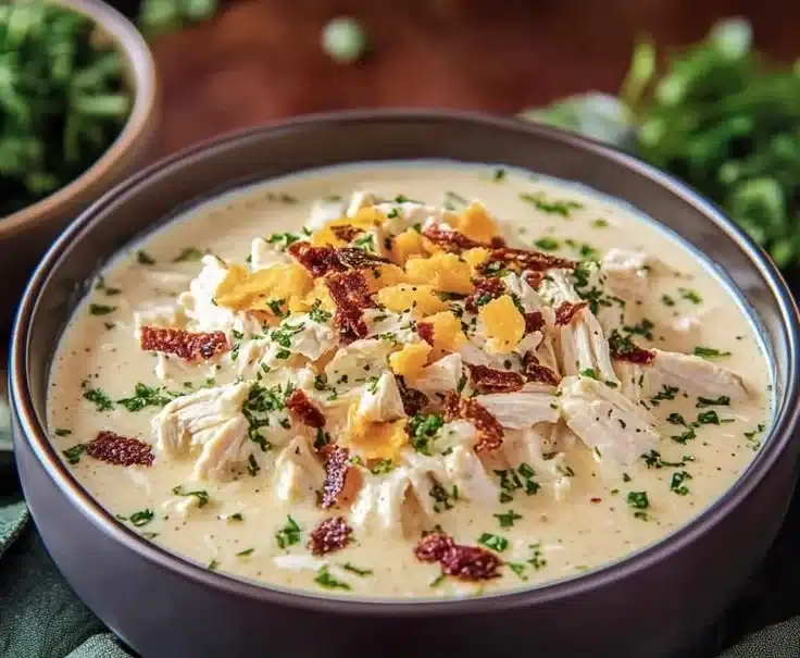 Creamy slow cooker keto chicken cream cheese soup in a bowl