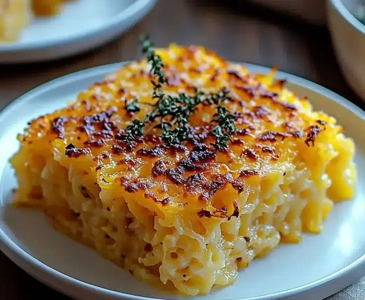 Creamy spaghetti squash au gratin topped with golden cheese
