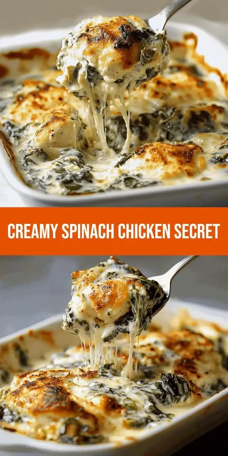 Creamy Spinach Artichoke Chicken with Cottage Cheese Magic 5 Creamy Spinach Artichoke Chicken dish garnished with herbs and served in a bowl.