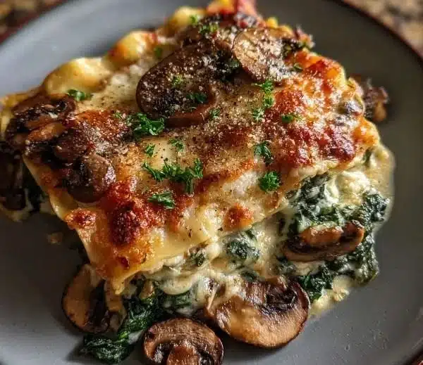 Creamy Spinach Mushroom Lasagna 2 Creamy spinach mushroom lasagna baked with layers of rich sauce and cheese