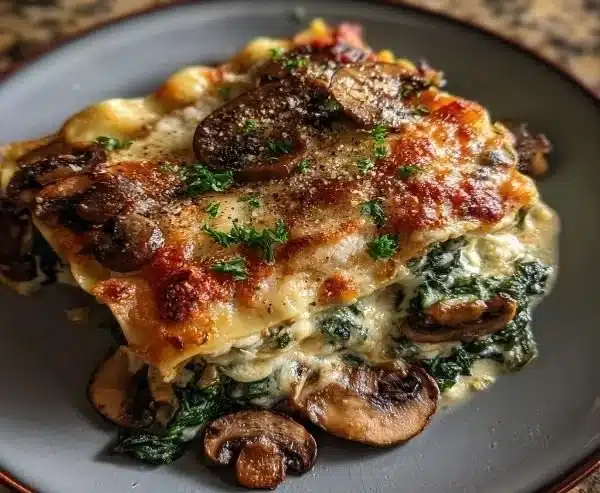 Slice of creamy spinach mushroom lasagna on a plate