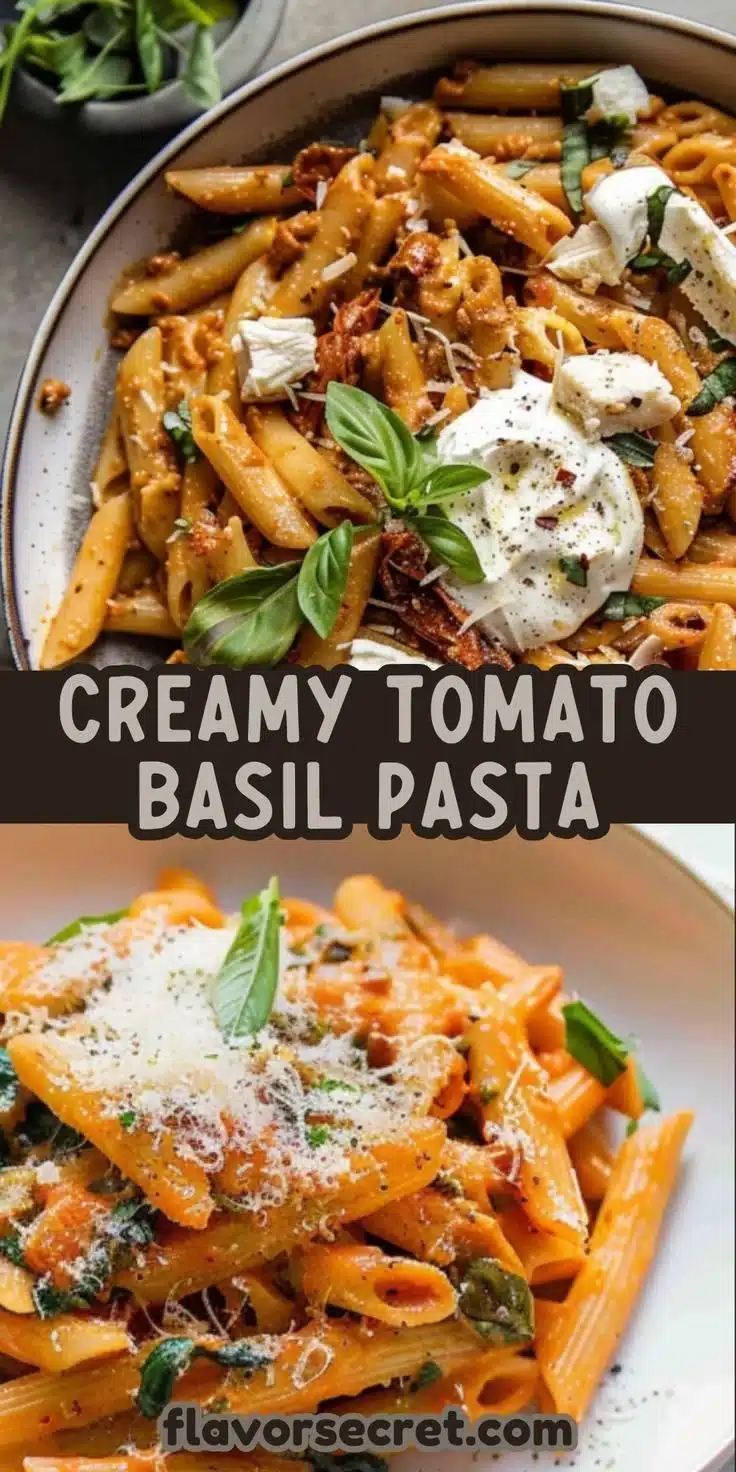 Creamy sun-dried tomato basil pasta topped with herbs and Parmesan cheese