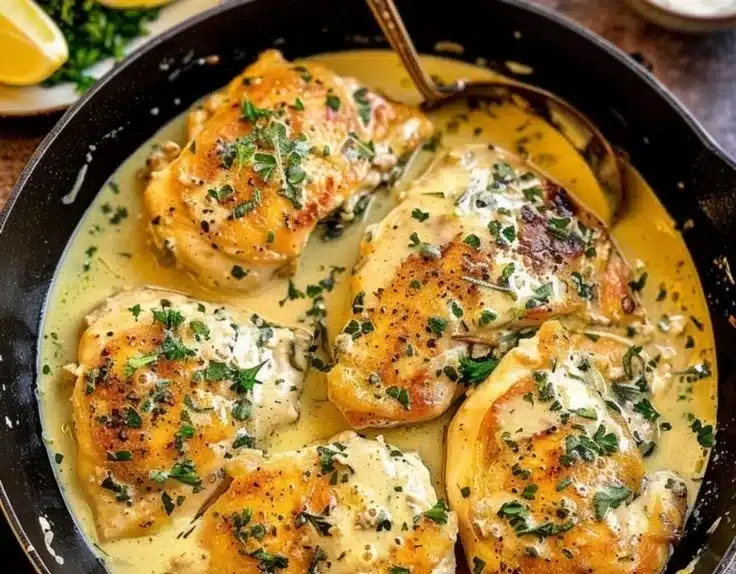 Creamy tarragon chicken dish served on a plate with herbs