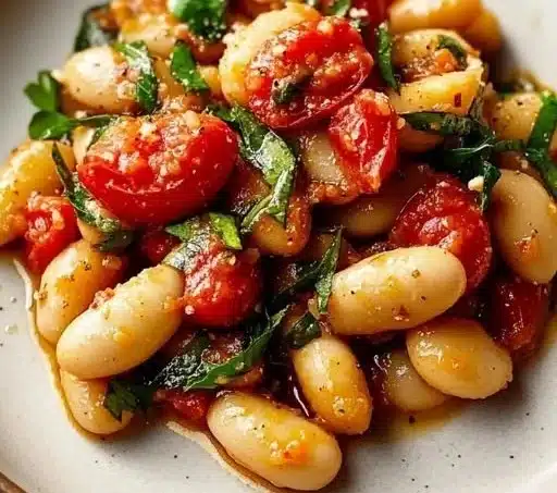 Creamy Tuscan Butter Beans in a bowl, garnished with herbs and spices.
