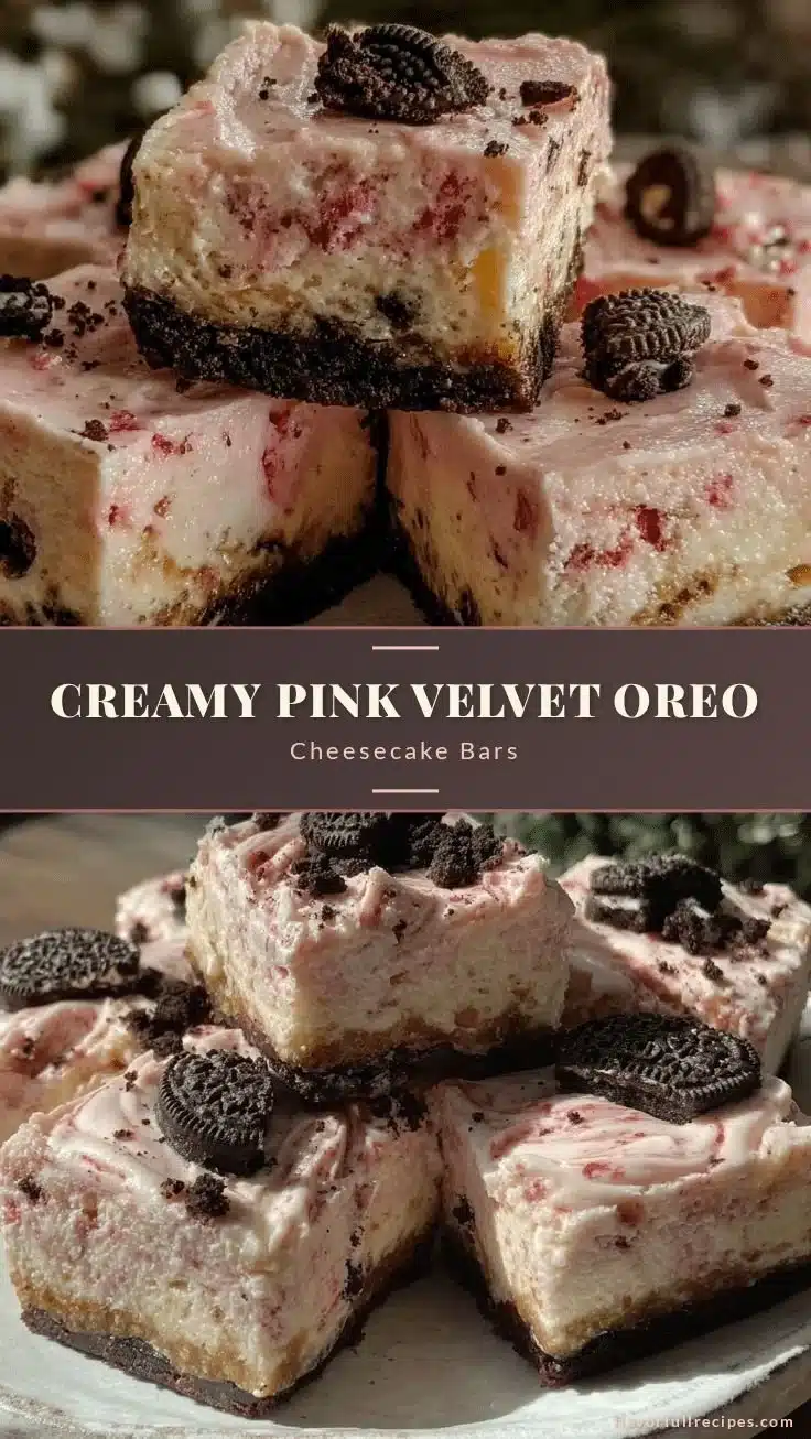 Valentine's Pink Velvet Oreo Cheesecake Bars with creamy Oreo cheesecake filling