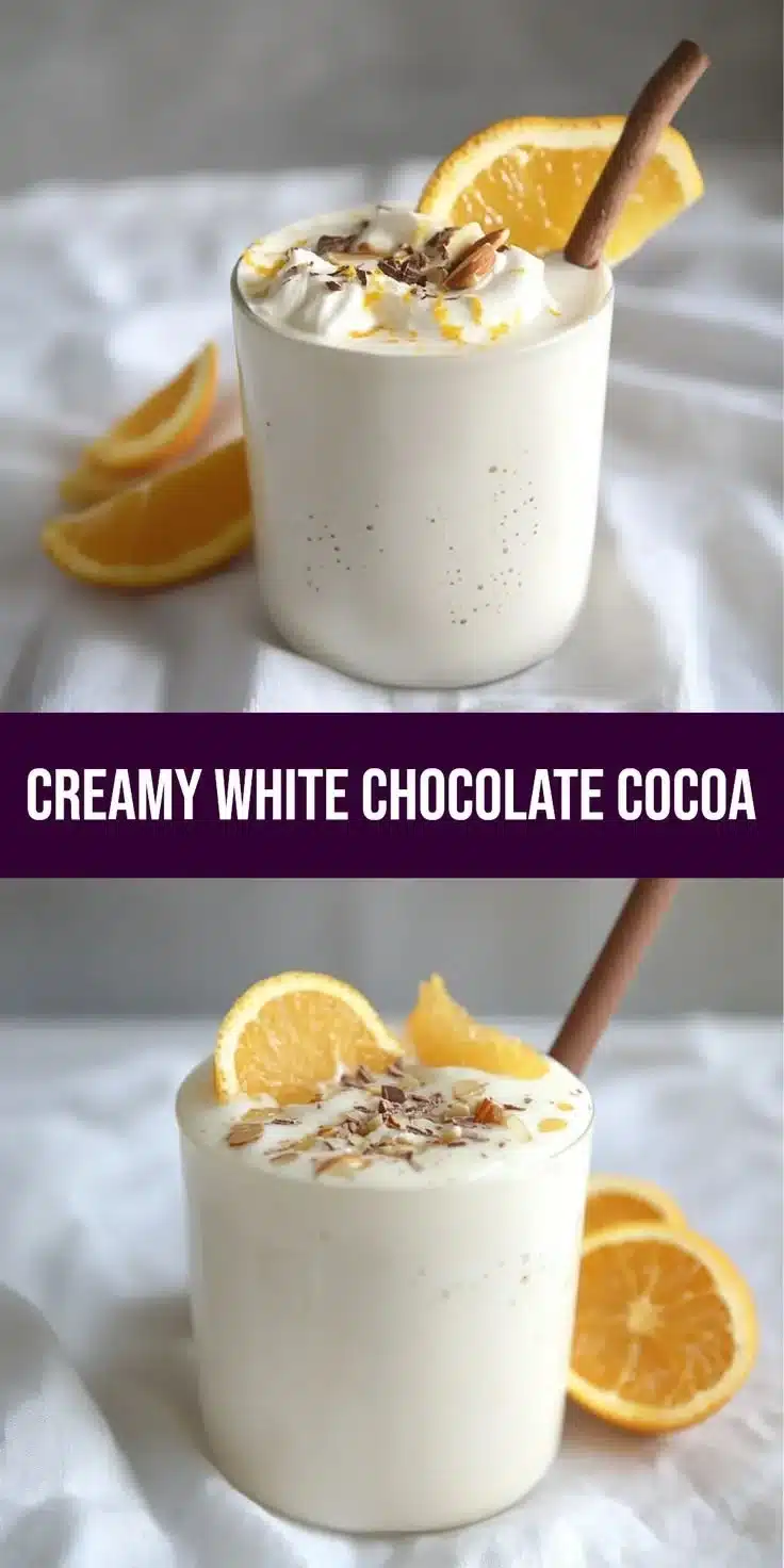 Creamy white chocolate orange almond cocoa in a cozy winter setting