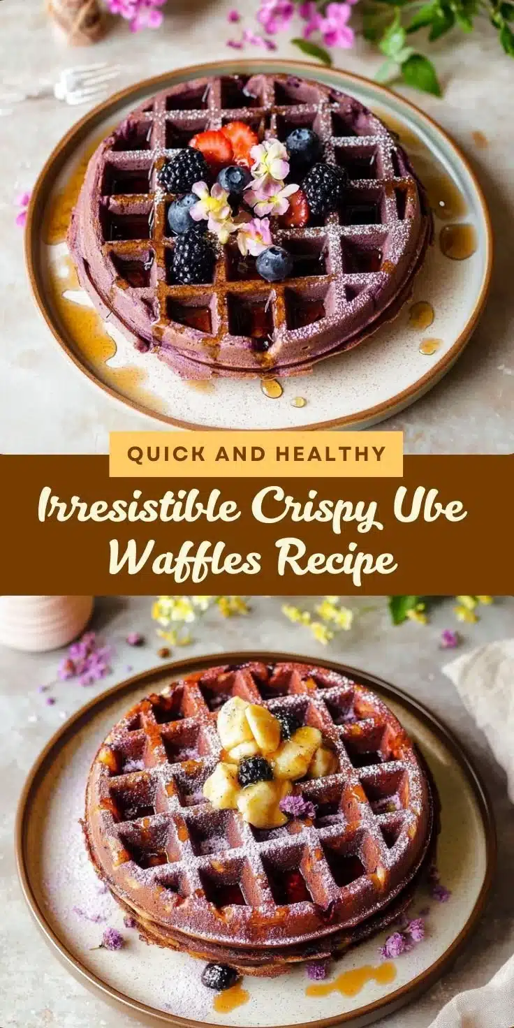 Plate of crispy and tender ube waffles topped with syrup and fresh fruit