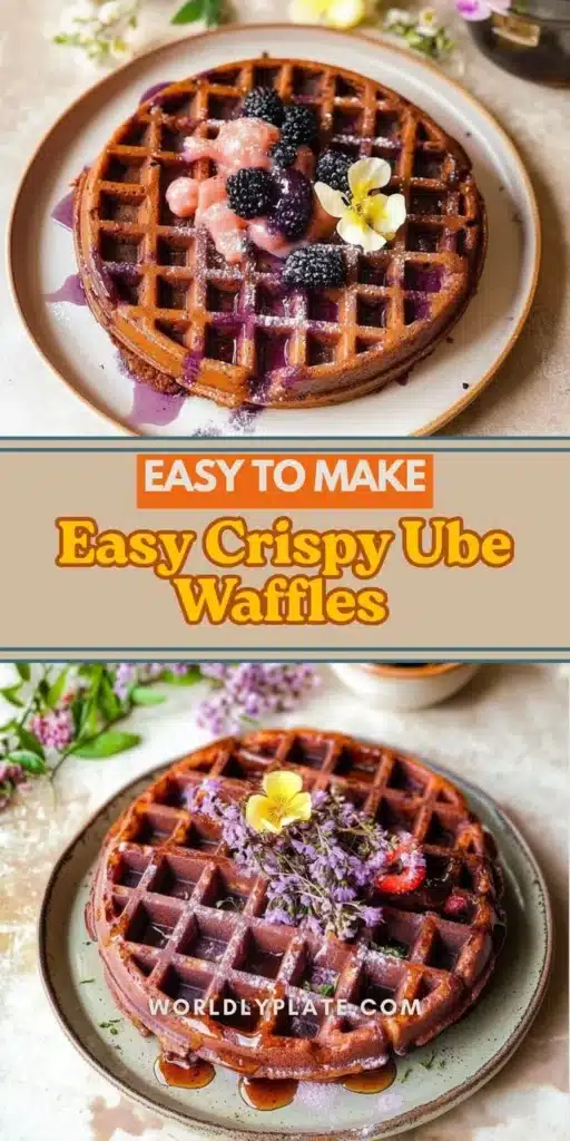 Plate of crispy and tender ube waffles topped with syrup and berries