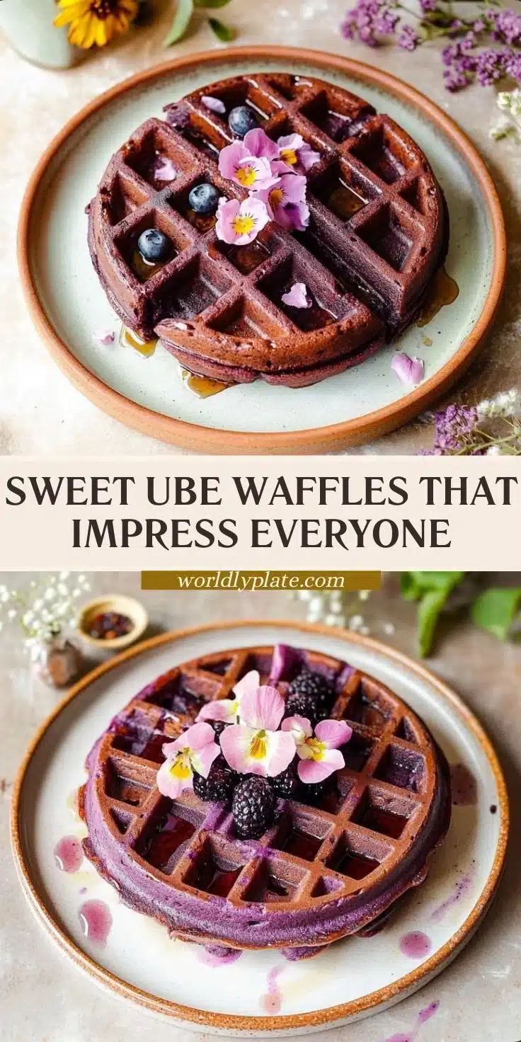 Delicious crispy and tender ube waffles served with syrup