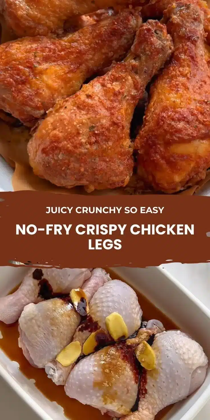 Oven-baked crispy chicken legs served with a side of vegetables.