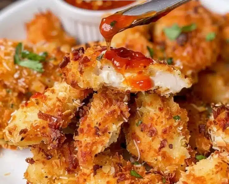 Crispy coconut crusted chicken with sweet chili dip presented on a white plate.