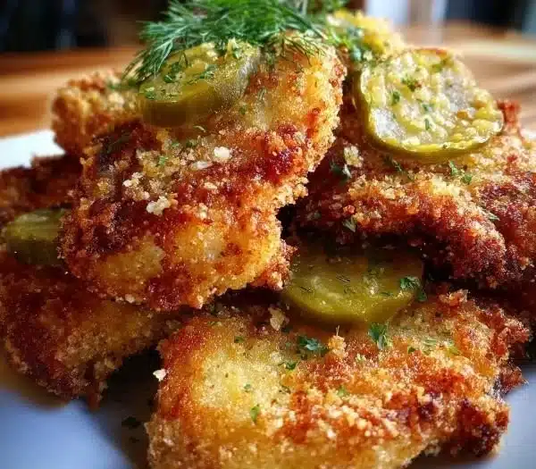 Crispy Dill Pickle Parmesan Chicken garnished with fresh herbs on a plate