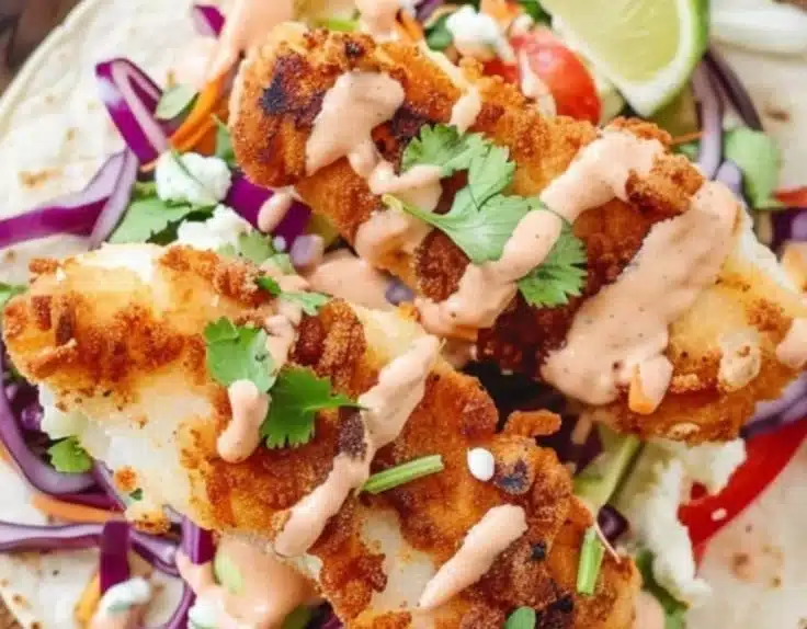 Crispy feta-crusted fish tacos served with fresh toppings and lime