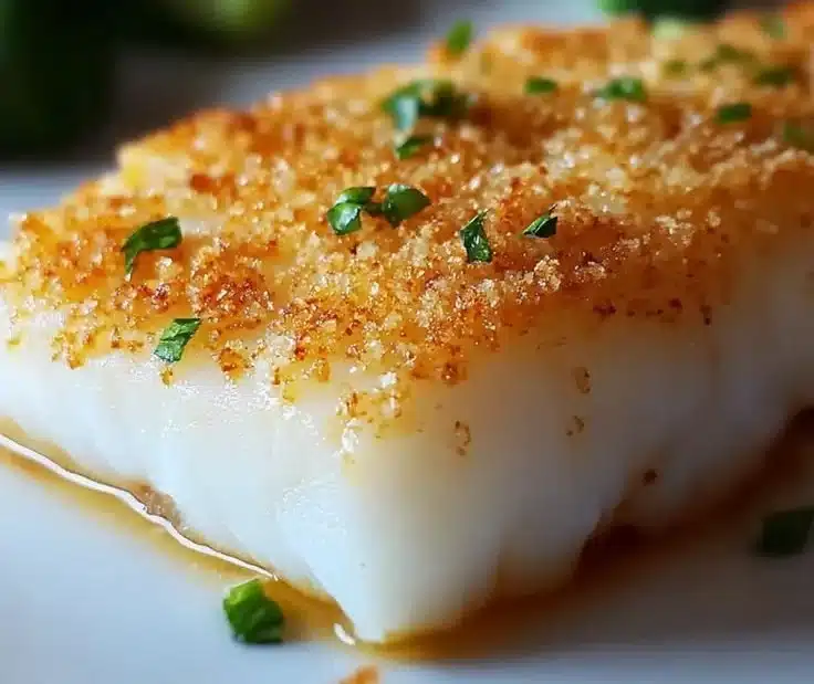 Crispy panko parmesan crusted baked cod served on a plate with lemon wedges