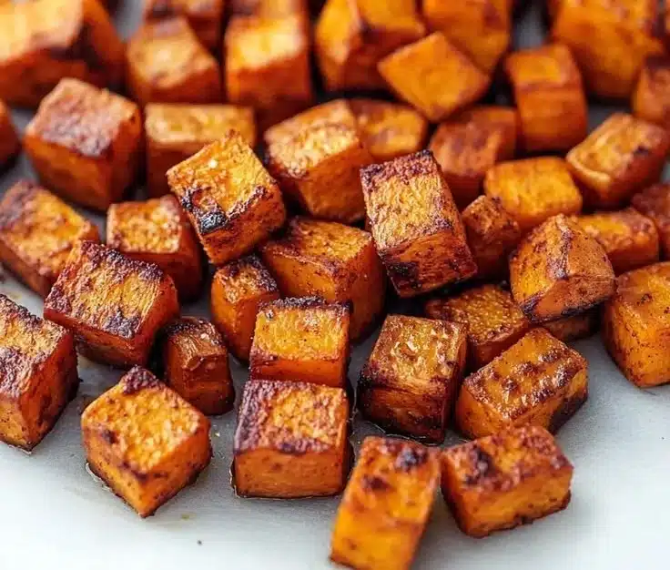 Plate of crispy roasted sweet potato cubes garnished with herbs