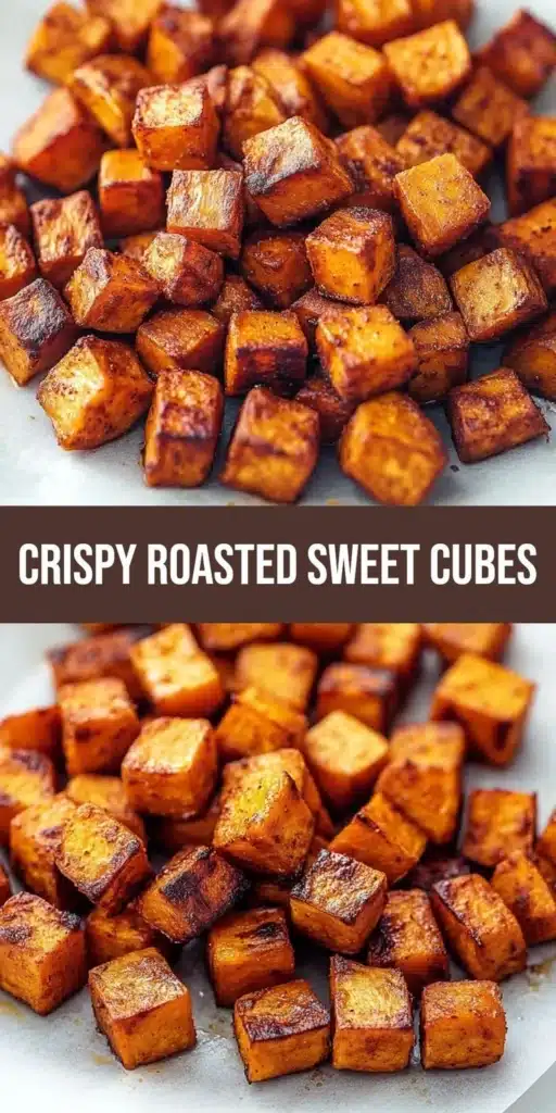 Crispy roasted sweet potato cubes served on a plate with herbs