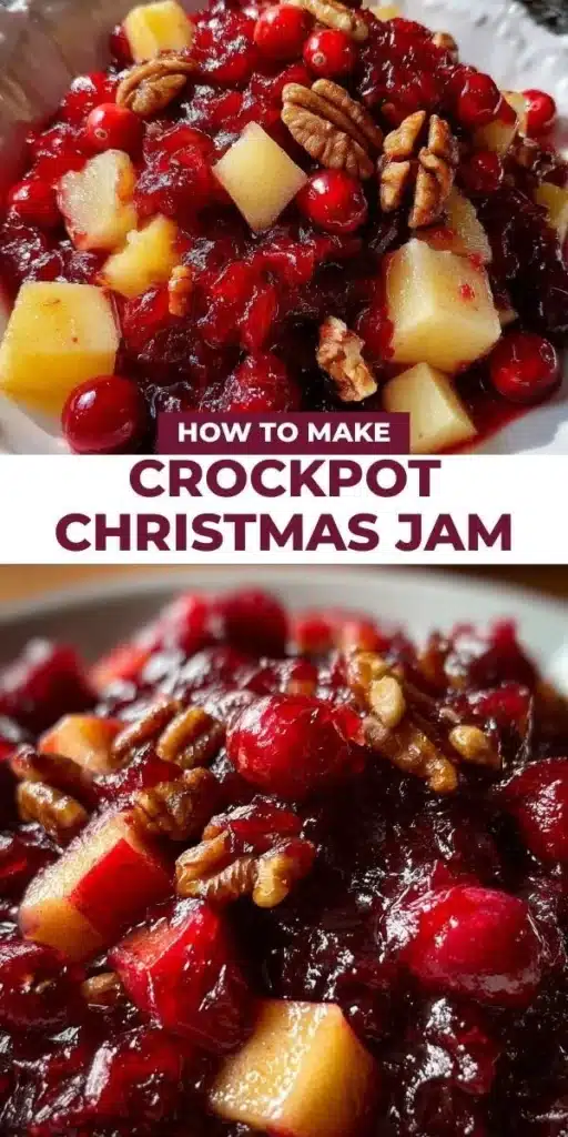 Crockpot Christmas Jam in a jar with holiday decorations