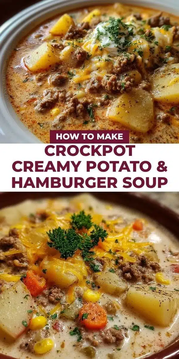 Delicious crockpot creamy potato soup with hamburger in a bowl