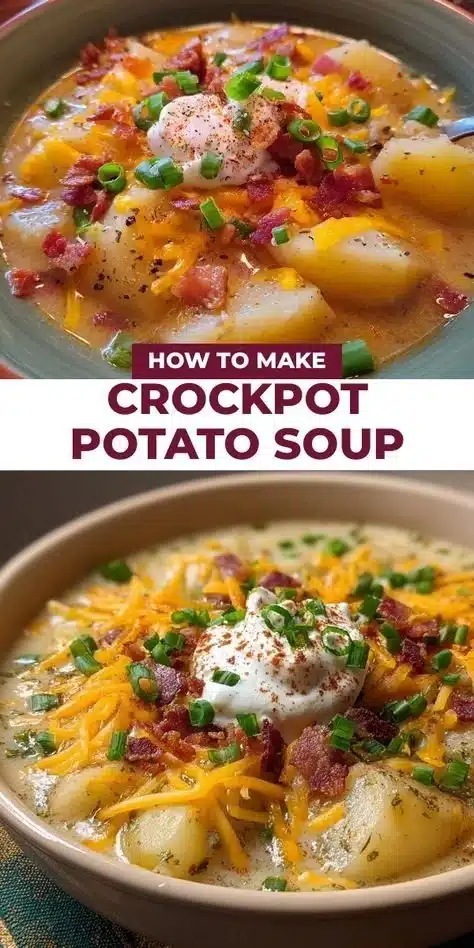 Crockpot Potato Soup 4 Creamy crockpot potato soup garnished with chives in a bowl