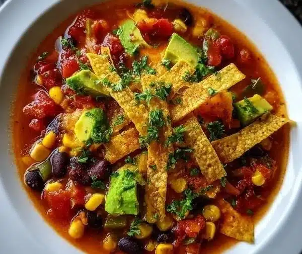 Crockpot vegetarian tortilla soup with fresh ingredients and garnishes