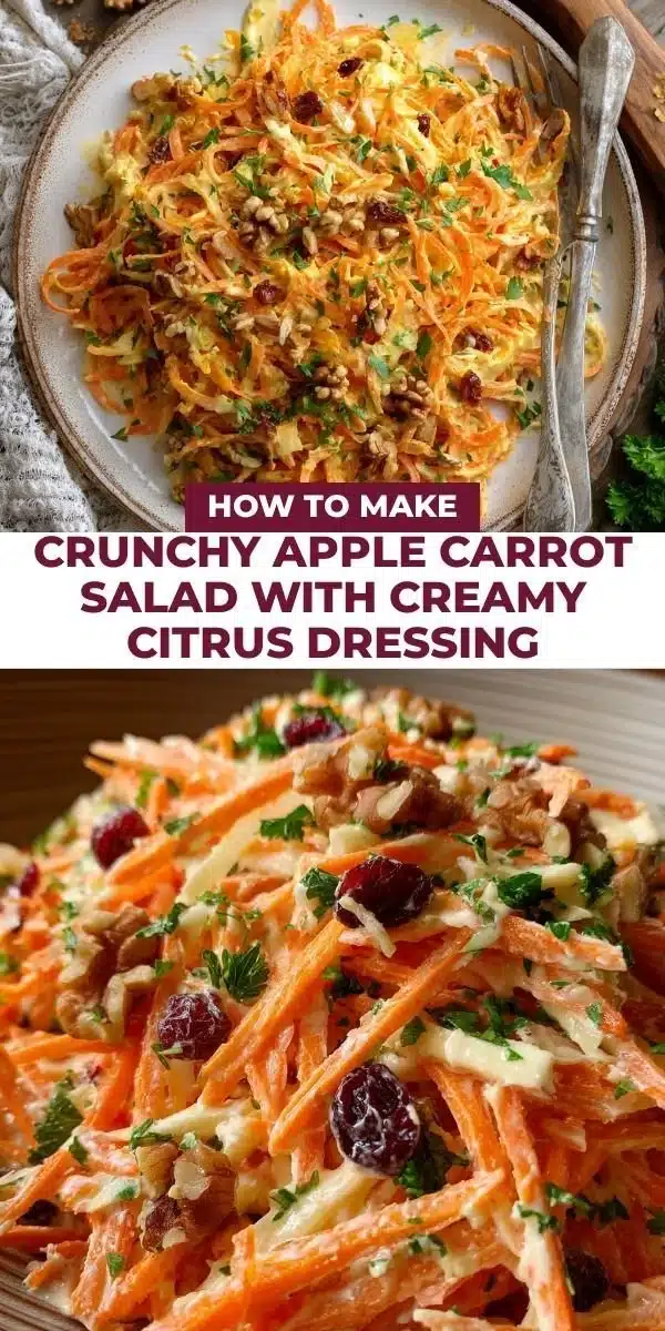 Crunchy apple carrot salad topped with creamy citrus dressing
