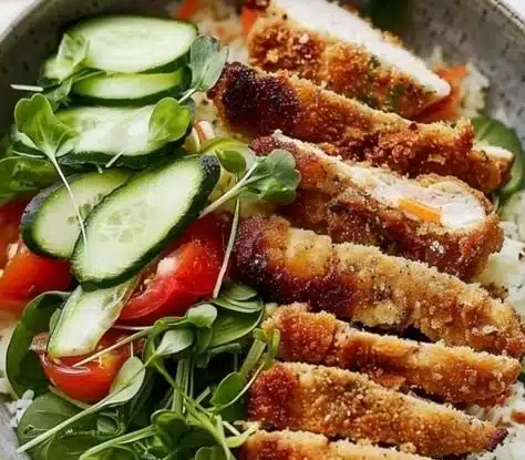 Crispy sourdough chicken cutlet served in a bowl with fresh vegetables