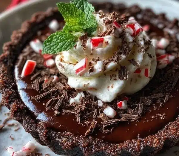 Delicious dark chocolate peppermint mousse tart beautifully presented with peppermint garnish