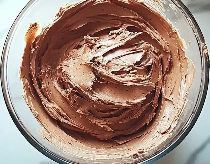 Bowl of decadent chocolate buttercream frosting ready to use on desserts