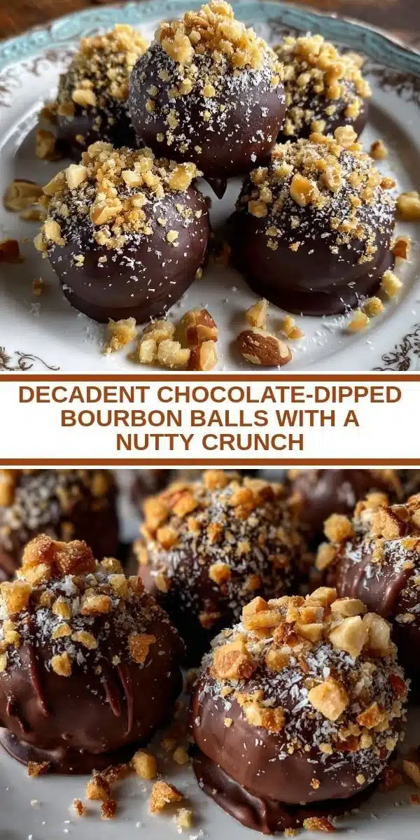 Decadent Chocolate-Dipped Bourbon Balls with a Nutty Crunch 2 Decadent chocolate-dipped bourbon balls with a nutty crunch on a dessert plate.