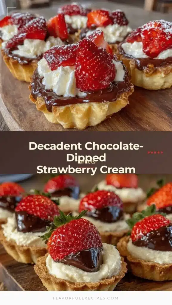 Decadent chocolate-dipped strawberry cream tartlets on a plate