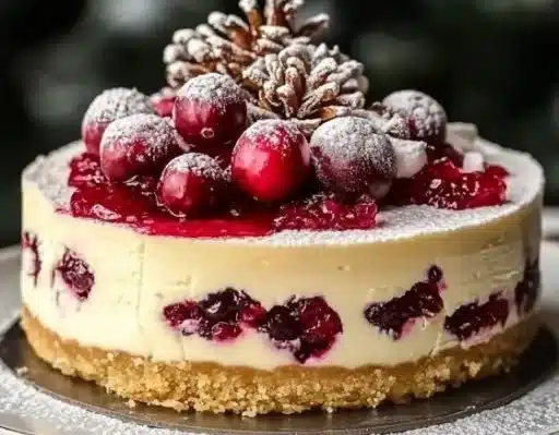 Decadent Christmas cheesecake with cranberry mousse on festive holiday table.